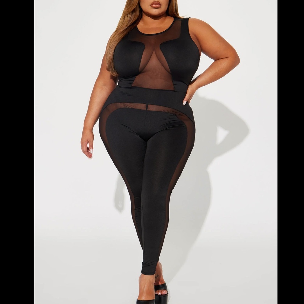 Black Sheer Mesh Cut Out High Neckline Zipper Skinny Legging Jumpsuit Sleeveless